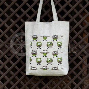 Printed semi-linen shopping bag "Owls green"